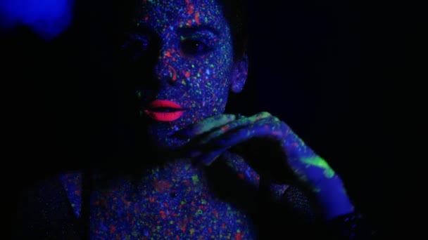 Portrait Beautiful Woman Blue Sequins Her Face Girl Artistic Make — Stockvideo