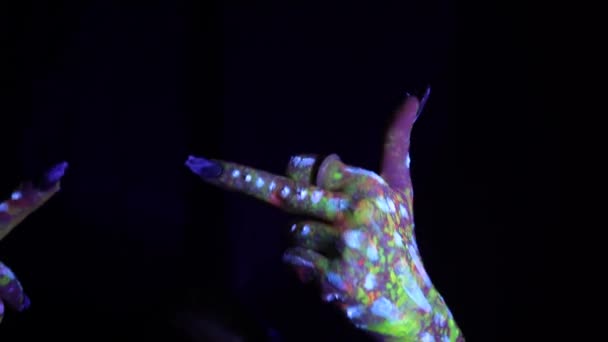 Hand Fluorescent Ethnic Pattern Shows Middle Finger Fluorescent Paint Body — Vídeos de Stock