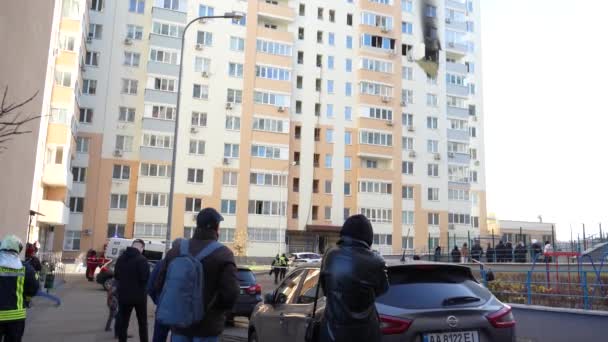 Kyiv Ukraine November 2022 Consequences Extinguished Fire Courtyard High Rise — 图库视频影像