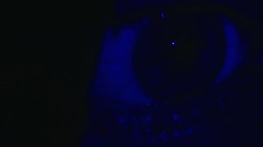 Yeşil göz merceği ile yakın çekim. Sağlıklı görme kavramı. Neon ışıktaki erkek mavi göz. Gece kulübündeki genç adam. İnsan gözünün makro görüntüsü. Mavi renk, coşku.