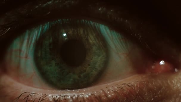 绿眼睛近视与毛细血管 害怕的眼神 眼科和医学的概念 超级大眼睛 带有电影色彩的图像 — 图库视频影像