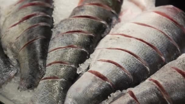 Zbliżenie Świeżych Surowych Ryb Dorado Labraksa Lodzie Blacie Sklepie Spożywczym — Wideo stockowe