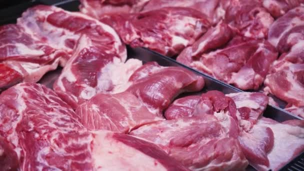 Kødbutik Bredt Udvalg Kødprodukter Supermarkedet Frisk Kød Udstillingsvindue Fersk Råt – Stock-video
