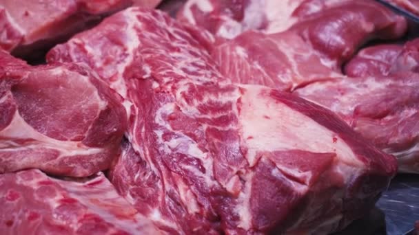 超市里的肉制品种类繁多 陈列柜里的鲜肉 陈列柜里新鲜生肉 — 图库视频影像