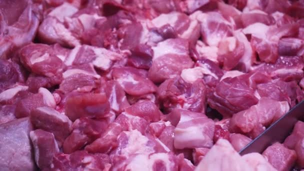 Carne Proaspătă Crudă Expusă Magazin Puiul Mielul Carnea Porc Carnea — Videoclip de stoc