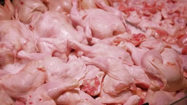 Vers Rauw Vlees Tentoongesteld Winkel Kip Lam Varkensvlees Rundvlees Worden — Stockvideo