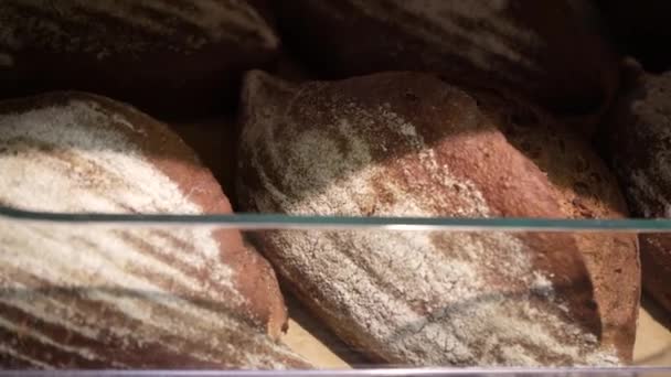 Loaves Rye Farm Bread Lie Wooden Bakery Shelf Close Shot — Stock Video