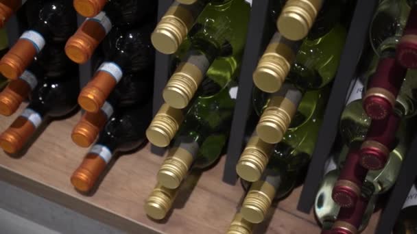 工場内には多くのワインボトルが立ち並び 動きのある景色を楽しむことができます 棚に立って 赤と白のワインのコレクションのガラス瓶の行 — ストック動画