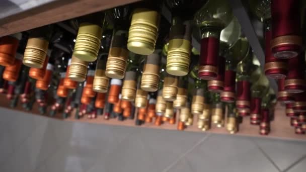 Vista Con Una Cámara Movimiento Muchas Botellas Vino Pie Fábrica — Vídeo de stock