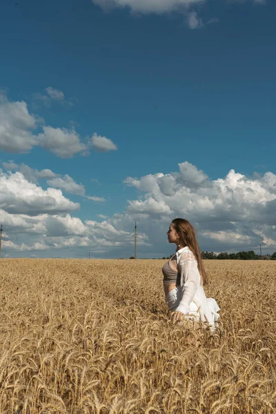 Pray for Ukraine. Ukrainian girl in a wheat field. A girl in a wheat field prays for peace in Ukraine. Happy woman celebrating Independence Day