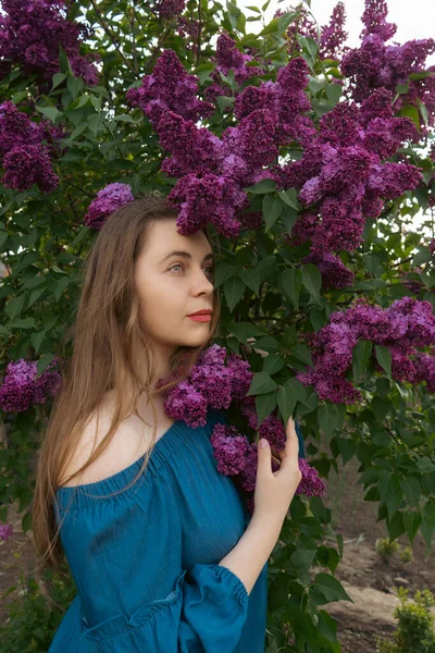 stock image A young woman in a blue dress in a blooming lilac garden. Spring story. Brown-haired woman with long hair. A woman plays with her hair. Romantic spring view