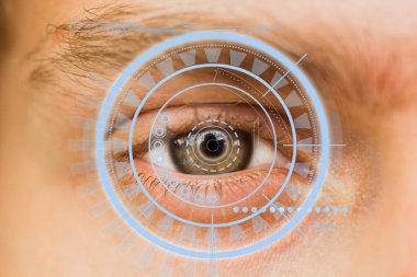 Bir insanın gelecekteki vizyonuna sahip bir göz, insanların kontrolü ve korunması, erişim kontrolü ve güvenliği. Kavram: DNA sistemi, bilim ve teknoloji, yapay zeka. Tarama, güvenlik, teknoloji, sanal