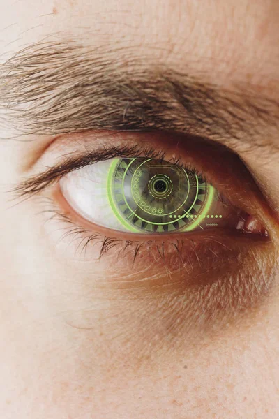 Eye with a futuristic vision of a person, control and protection of people, access control and security. Concept: DNA system, science and technology, artificial intelligence. Scanning, security, technology, virtual