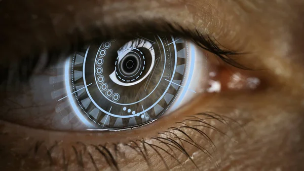 Eye with a futuristic vision of a person, control and protection of people, access control and security. Concept: DNA system, science and technology, artificial intelligence. Scanning, security, technology, virtual