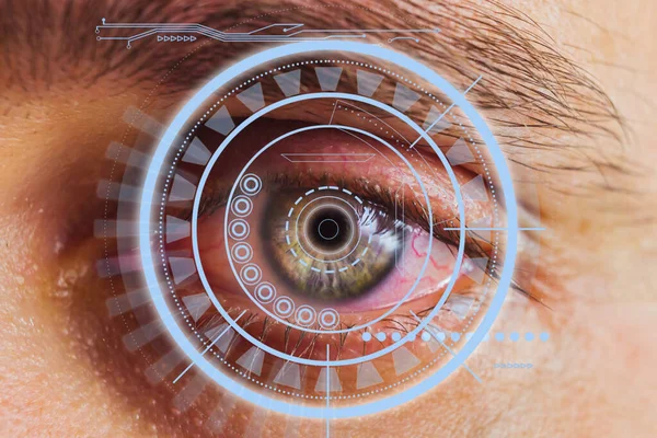 Close Olho Masculino Com Efeitos Visuais Conceito Sensor Implantado Olho Imagens De Bancos De Imagens Sem Royalties