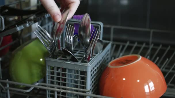 Kirli Tabakları Çanak Çömleği Bardağı Bulaşık Makinesine Yüklüyorlar Kirli Bulaşıkları — Stok video