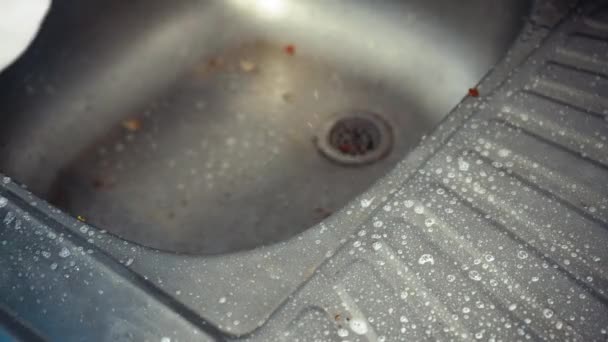 Reinigung Der Edelstahl Küchenspüle Mit Schaumreiniger Frau Roten Gummihandschuhen Schmutzreinigung — Stockvideo