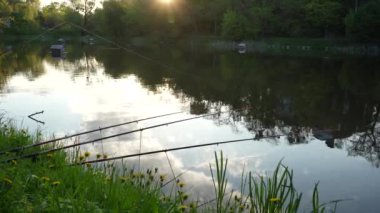 Batan güneşin ışınlarında, nehir kıyısındaki bir tezgahın üzerinde duran oltaların yakın çekimi. Akşamları göl kenarında balık tutarken. Balıkçılık, balıkçılık, balıkçılık, hobi