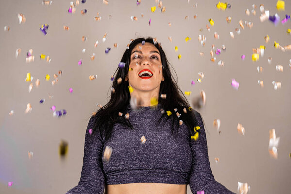 Cheerful Beautiful Brunette Girl Blowing Confetti Her Hands Celebration Holiday — Stock Photo, Image