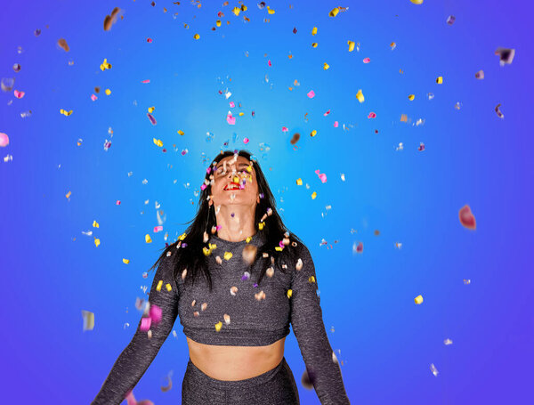 Cheerful Beautiful Brunette Girl Blowing Confetti Her Hands Celebration Holiday — Stock Photo, Image