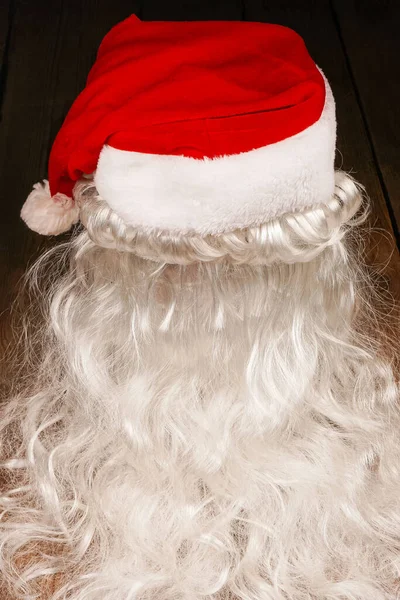 Santa Hat Beard Wooden Background Symbolism New Year Holidays Christmas — Stock Photo, Image