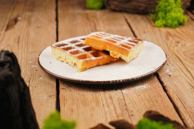 Beyaz tabakta Belçika waffle 'ı, ön manzara. Ev yapımı basit hamur işleri. Koyu arkaplanlı waffle tabağı. Tahta masada Belçika waffle 'ı. Yanık Belçika waffle 'ı. Üstten pudra şekeri