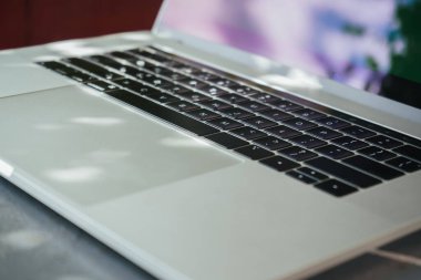 Dizüstü bilgisayar konsepti. Boş kopyalama alanı, boş ekran modeli. Doğa arka planında yumuşak odaklı dizüstü bilgisayar. Ekoloji seyahati ve ofis dışında çalışma kavramı