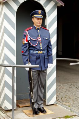 Prag 'da. 05 / 11 / 2019: Resmi mavi üniformalı ve başında şapkası olan bir gardiyan sarayın yakınında duruyor. Yatay fotoğraf. Üniformalı bir adam kapının girişinde dikiliyor.