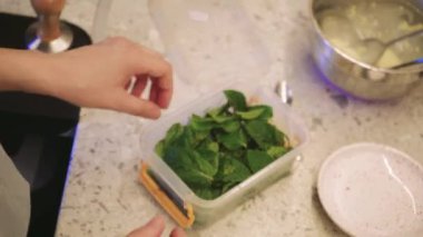 Nane şeffaf bir konteynırda yatıyor. Pişirmeden önce nanenin hazırlanması. Dişi rukia yeşil yaprakları pişirme sürecinde