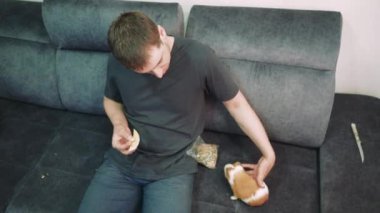 Bir adam gri bir kanepeye rahatça oturur ve sevimli kobayıyla sohbet eder. Bir adam bir kobayı besler. Aile ve evcil hayvan içeriği için mükemmel