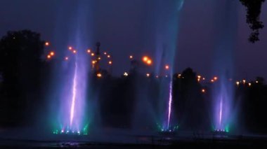 Renkli su fıskiyeleri ile canlı bir fıskiye gösterisi. Karanlık bir arkaplanda dans ederek büyüleyici bir gece gösterisi yaratıyor.