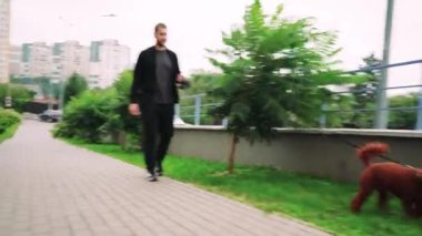 Genç bir adam yeşil bitkiler ve şehir mimarisi ile çevrili kıvırcık saçlı köpeği ile şehir kaldırımında yürüyor. Kentsel yaşam tarzları, günlük rutinler ve çağdaş yaşam tarzı temaları için ideal