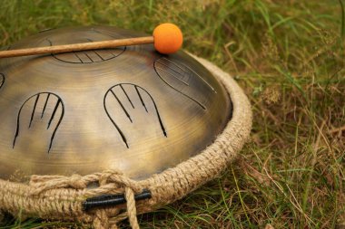 Turuncu uçlu sopalarla melodik bir el davulu ormanın ortasındaki çimlerin üzerinde duruyor. Bulanık ağaçlar huzurlu bir zemin oluşturur