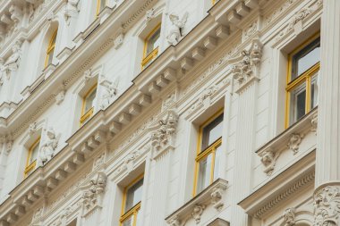 Viyana, Avusturya - 12 Mayıs 2019: Konut binalarının antik mimarisi. Güzel sarayın pencereleri, yakın plan fotoğraf. Duvarın dışında bir sürü heykel var.