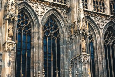 Viyana, Avusturya - 12 Mayıs 2019: Kısmi manzara Viyana 'daki görkemli St. Stephens Katedrali' ne bakıyor. Mimari detaylar çok yakın planda. Görünüm, detaylar, mimari ve süslemeler