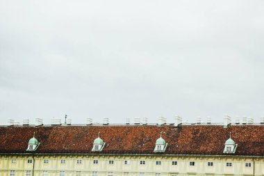 Viyana, Avusturya - 12 Mayıs 2019: Üst kısım fayanslara karşı duran ve ritmik ve yapısal bir görünüm yaratan birden fazla beyaz bacayla kaplıdır. Tarihi Avrupa binasının çatısı