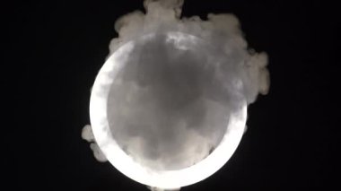 Siyah bir arka planda, öndeki lambadan çıkan bir ışık halkasının önünde bir duman bulutu. Çerçeveye buhar üflüyor. Dans kulübü konsepti ve sahne ışıkları..