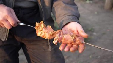 Sokakta mangal mangalında mangal yapan bir adam. Barbekü dışarıda. Doğada piknik. Şişte bir parça et yiyor..