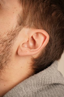 Gri kazaklı genç bir adamın kulağının yakın çekimi. Favorileri olan bir adam. KBB doktorunda muayene. Bir insanın işitme testi