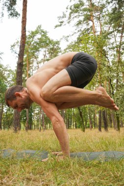 Bir adam ormanın ortasında açık havada yoga yapıyor. Bakasana yoga egzersizi: bir adam elleri ve bacakları vücuduna bastırılmış olarak ayakta duruyor.