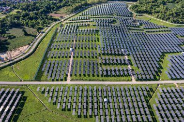 Top view Aerial view of Solar panel, photovoltaic, alternative electricity source