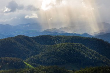 Top view Landscape of Morning Mist with Mountain Layer at north of Thailand. mountain ridge and clouds in rural jungle bush forest