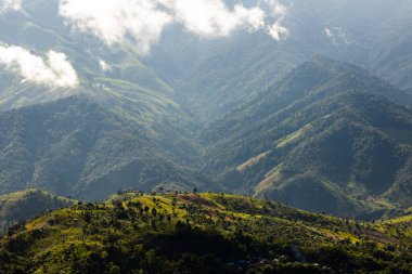 Top view Landscape of Morning Mist with Mountain Layer at north of Thailand. mountain ridge and clouds in rural jungle bush forest