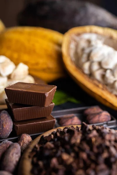 Boabe Cacao Păstaie Cacao Suprafață Lemn — Fotografie, imagine de stoc