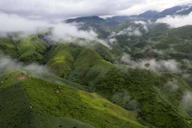 Dağ Katmanıyla Sabah Buğusu manzarası. Kırsal orman ormanlarında dağ sırtı ve bulutlar