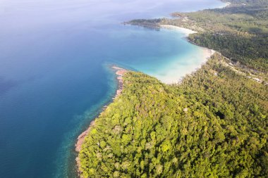 Mavi gökyüzü olan tropik plaj Koh Kood veya Koh Kut Tayland.