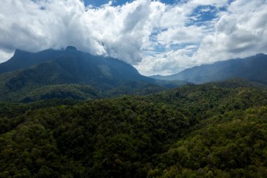 Dağ Katmanıyla Sabah Buğusu manzarası. Kırsal orman ormanlarında dağ sırtı ve bulutlar