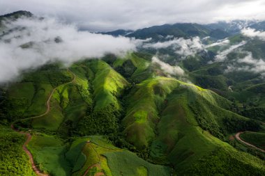 Dağ Katmanıyla Sabah Buğusu manzarası. Kırsal orman ormanlarında dağ sırtı ve bulutlar