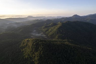 Dağ Katmanıyla Sabah Buğusu manzarası. Kırsal orman ormanlarında dağ sırtı ve bulutlar