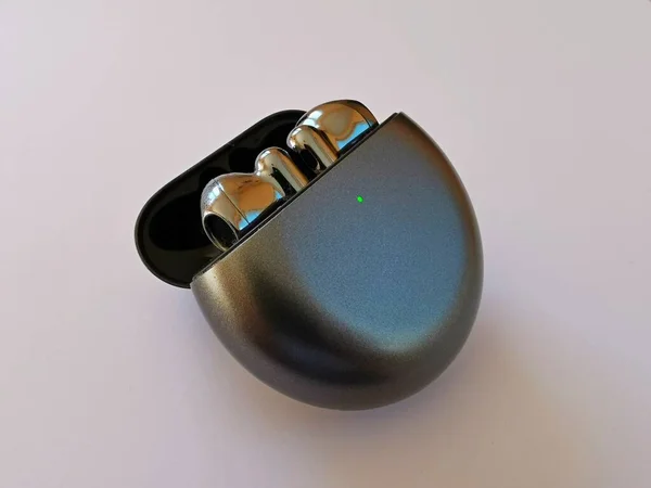 Kunststoff Silbergehäuse Mit Drahtlosem Bluetooth Kopfhörer Das Gehäuse Ist Geöffnet — Stockfoto